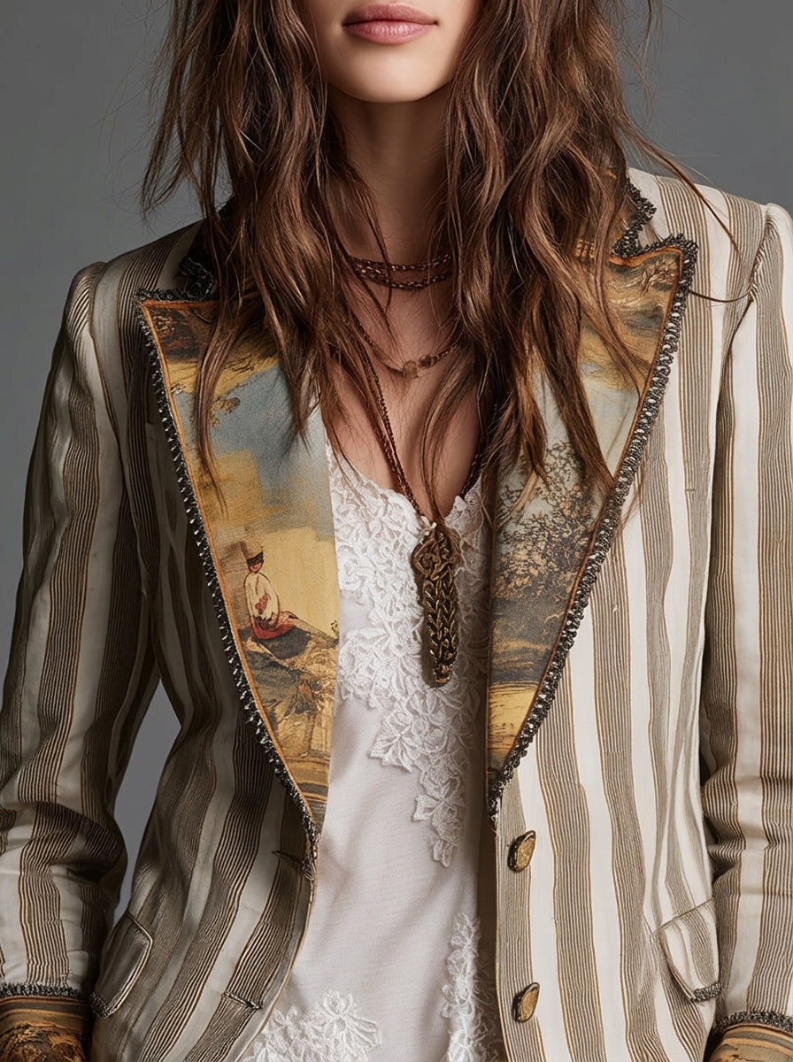 Sylvie – Blazer bohème rayé à col imprimé